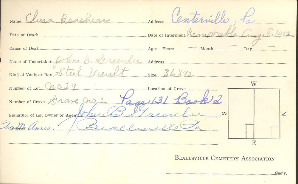 Clara Brashear burial card